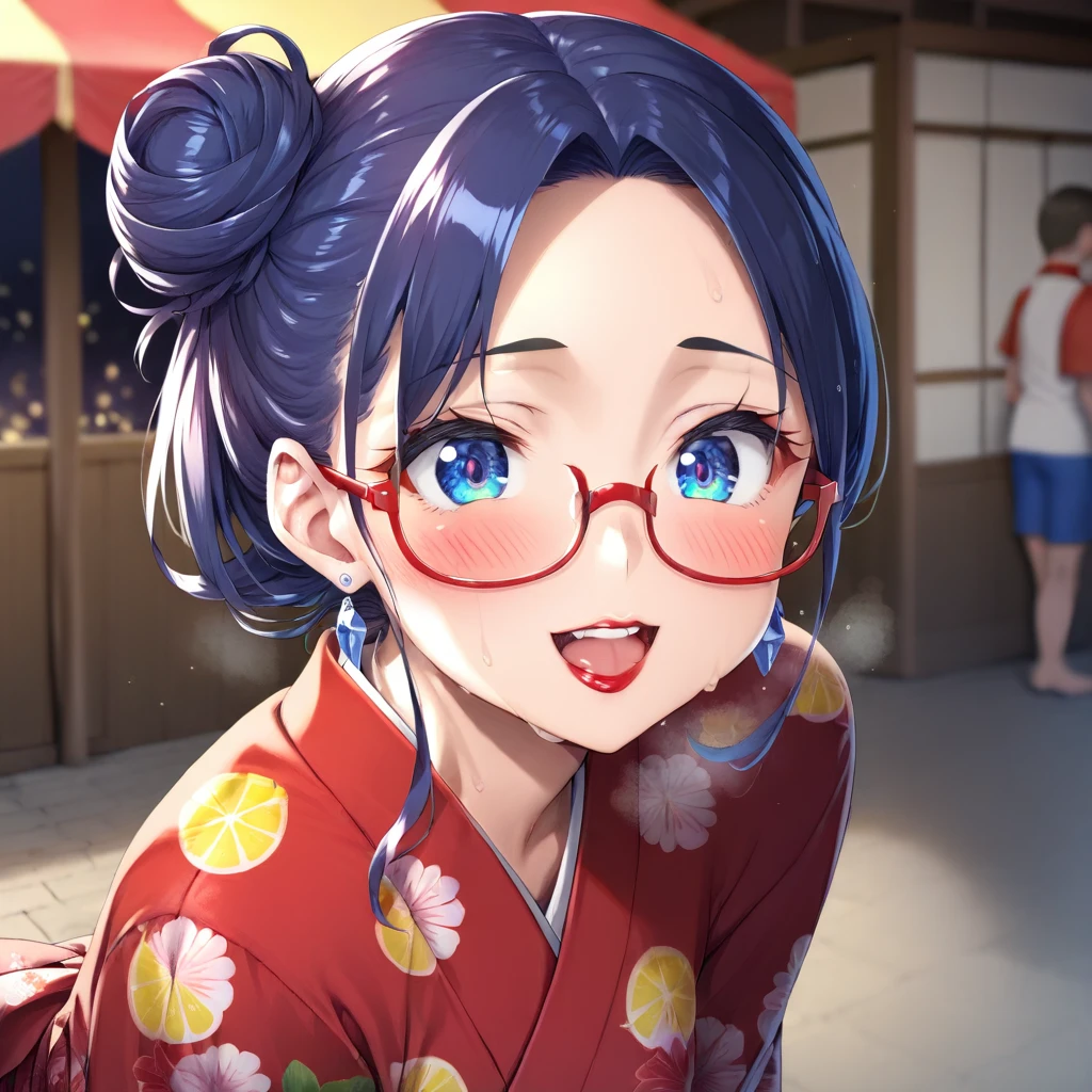 Anime cap, pro shot, top angle, perfect body, leaning forward, gaze, mature woman, (red yukata with lemon print: 1.5), (nibbling on halved grapefruit: 1.5), (festival stall: 1.5), (blue sapphire eyes, very complex and precise eyes, large round droopy eyes, eye highlights, long thin eyelashes: 1.4), (swaying, shiny, dark blue hair, blue inner color hair, half up bun hair: 1.4), (Japanese idol face, (realistic: 0.5), very happy face, open mouth, white teeth, (red lips: 1. 2), (red glasses: 1. .2), (blush: 1.3), (ecstasy: 1.2), (slut: 1.2), (vulgarity: 1.3), (fucking idiot: 1.1), (steam: 1.1), (wet: 0.8), (shaking: 0.7), (tears: 0.6), (drool: 0.5), (sweat: 0.7), (steam: 0. 8), average bust size, (fruit hairpiece), (small earrings), depth of field, cinematic light, score _9 score_8_up, score _7_up, score_6_up, score_5_up, score_4_up, describe only what you want, tag1, tag2, evaluation-safe