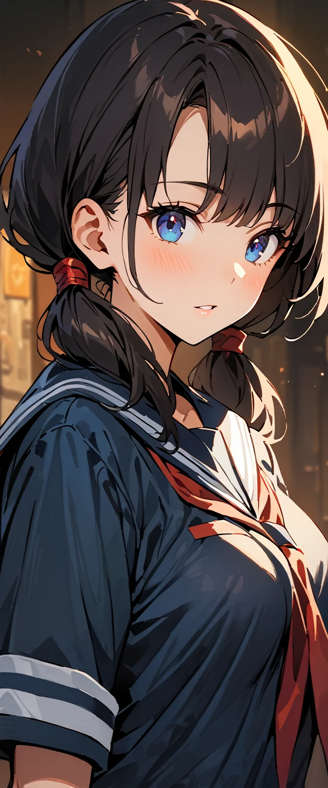 ( highest quality , 4k,  masterpiece :1.3), beautiful woman, 1 girl, he saw, (chest, attractive body :1.2), COWBOY SHOT, Actually, YEAH.:1.1, dark black hair: 1.1, sailor suit,  super detailed face ,  Lip details , beautiful eyes, Double eyelid, pigtails
