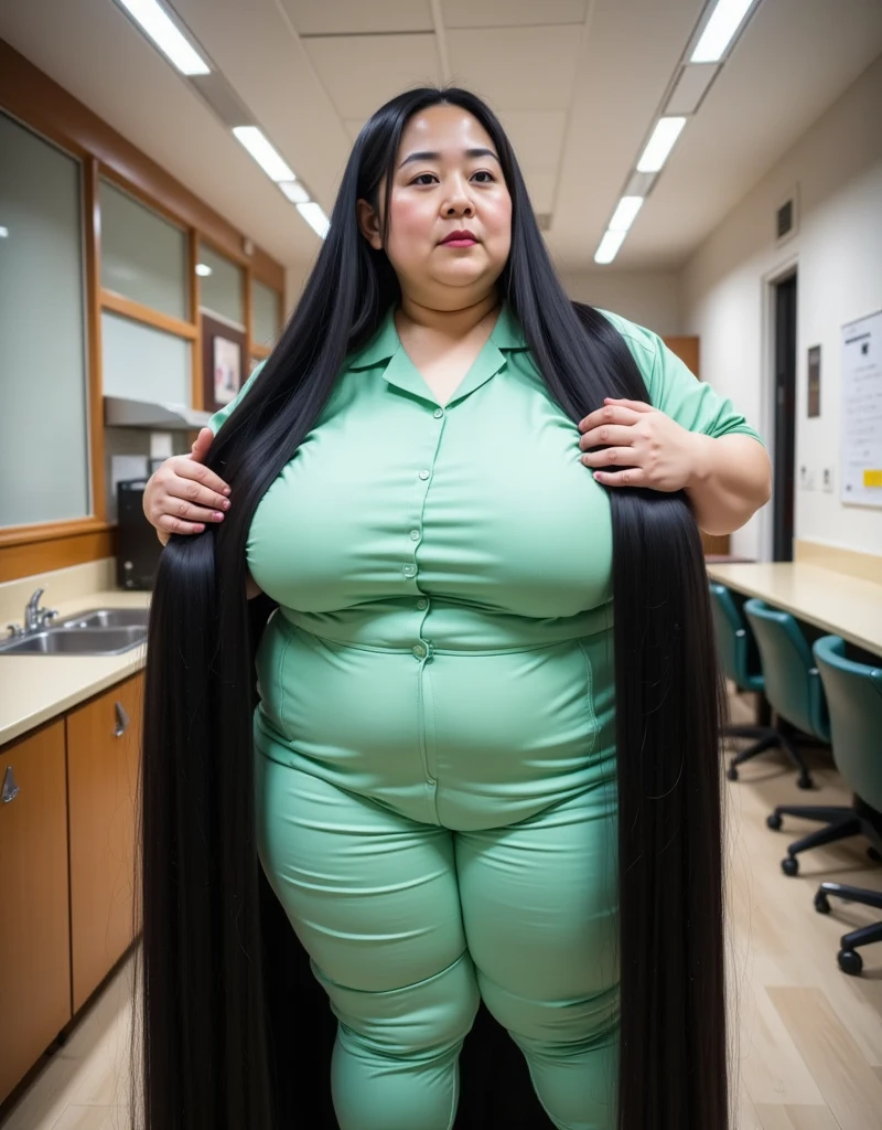 8k,Highest quality, masterpiece, Ultra-high resolution,(masterpiece:1.6, Highest quality), Intricate details, Middle-aged woman in her 50s,Japanese, alone, full body, ((Absurdly Long hair:1.5)),top of head,(jet Black Hair), (forehead:1.5), (Extremely obese:1.3), (Fat face:1.3), (round face:1.2), (Saggy face:1.3), crow's feet wrinkies, (saggy body), (((Super huge breasts:1.8))), (((super Saggy breasts:1.8))), ((cleavage:1.6)),((Light green Janitor uniform :1.2), ((The mature woman who cleans the building is combing her ridiculously long, glossy black hair that , is proud of:1.5)), (Office break room:1.3)