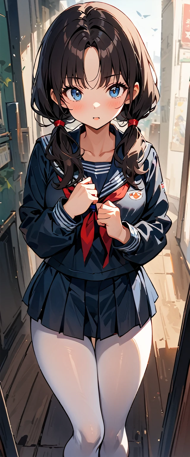 ( highest quality , 4k,  masterpiece :1.3), beautiful woman, 1 girl, he saw, (chest, attractive body :1.2), COWBOY SHOT, Actually, YEAH.:1.1, dark black hair: 1.1, sailor suit,  super detailed face ,  Lip details , beautiful eyes, Double eyelid, pigtails, full body,  white tights with red lines, black shoes, pose sexy
