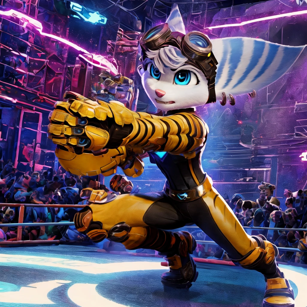 masterpiece, best quality, furry,  five rivetlombax, portrait, solo, (body fur:1.2), portrait background, cinematic lighting, (detailed fur:1.1), blue eyes, animal ears, earrings, goggles on head, bangs, fighting, punch, kick