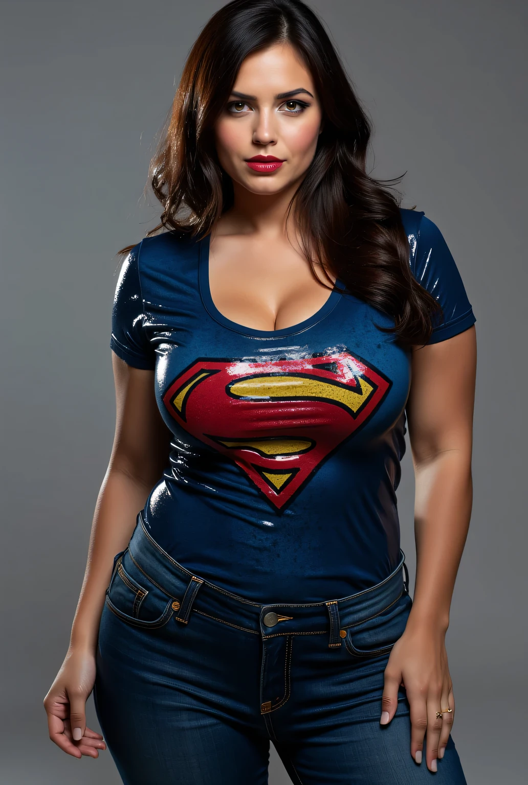 (Skintight blue superman logo t-shirt) , massive  breasts  in tight dark blue superman logo latex superman t-shirt,  full body photo, blue jeans (detailed superman logo), ((clothes soaked))