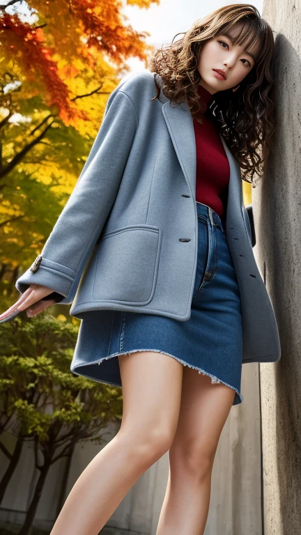 (masterpiece, highest quality, ridiculous, high resolution),  (((from below, lower body, looking down)))、One Woman、Japanese supermodel 、background： maple tree dyed in autumn leaves 々、 elegant medium hair 、Curly Hair、 dressed in celebrity fall fashion、Put on a coat、