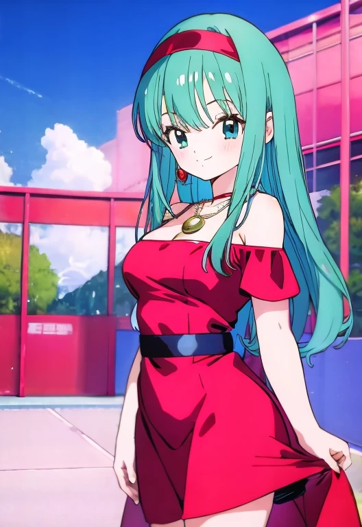 (Anime:1.3), highdetail, Bulla, 1girl, aqua hair, solo, red headband, red dress, medium breasts, red off-shoulder dress, necklace, smile, saludando, in a school yard, standing up, looking at viewers, cowboy shot
