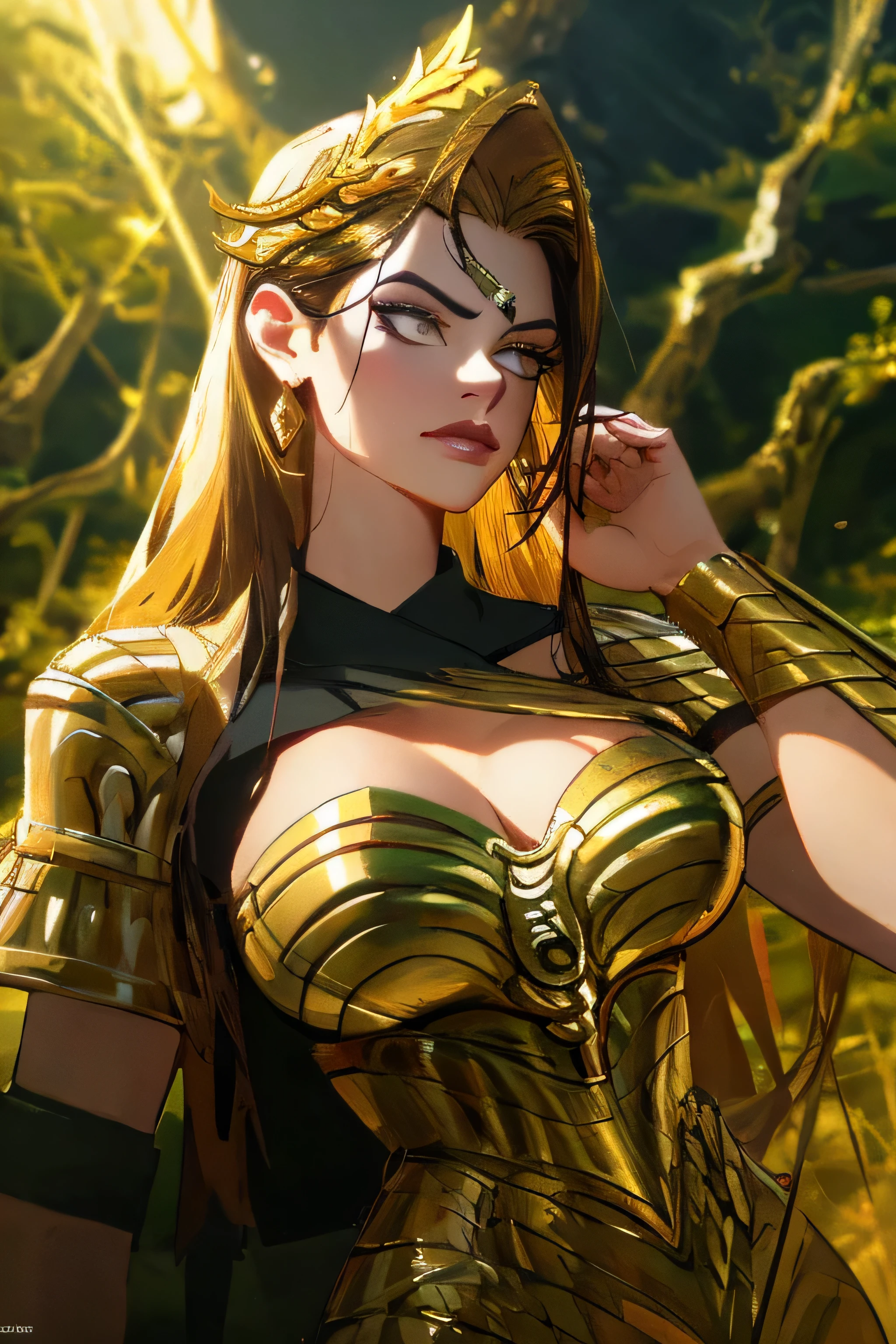 Artemis the goddess of hunting, the busty and big-bottomed goddess of the hunt, detailed portrait, realistic, photorealistic, ultra-detailed, 8k, masterpiece, dramatic lighting, dramatic pose, intricate jewelry and headpiece, lush forest background, golden skin tones, dramatic colors