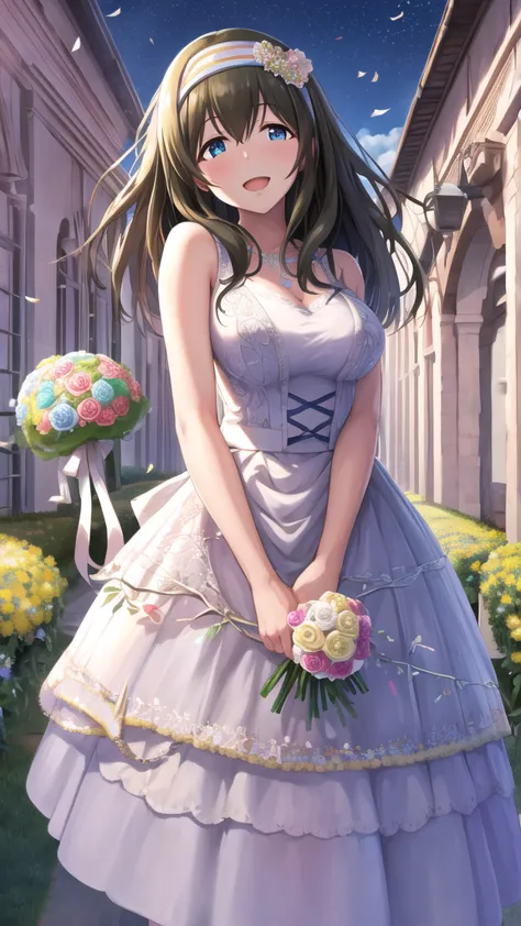 masterpiece, best quality, highres, aafumika, idolmaster, long hair, hairband, wedding dress, standing, garden, confetti, holdin...