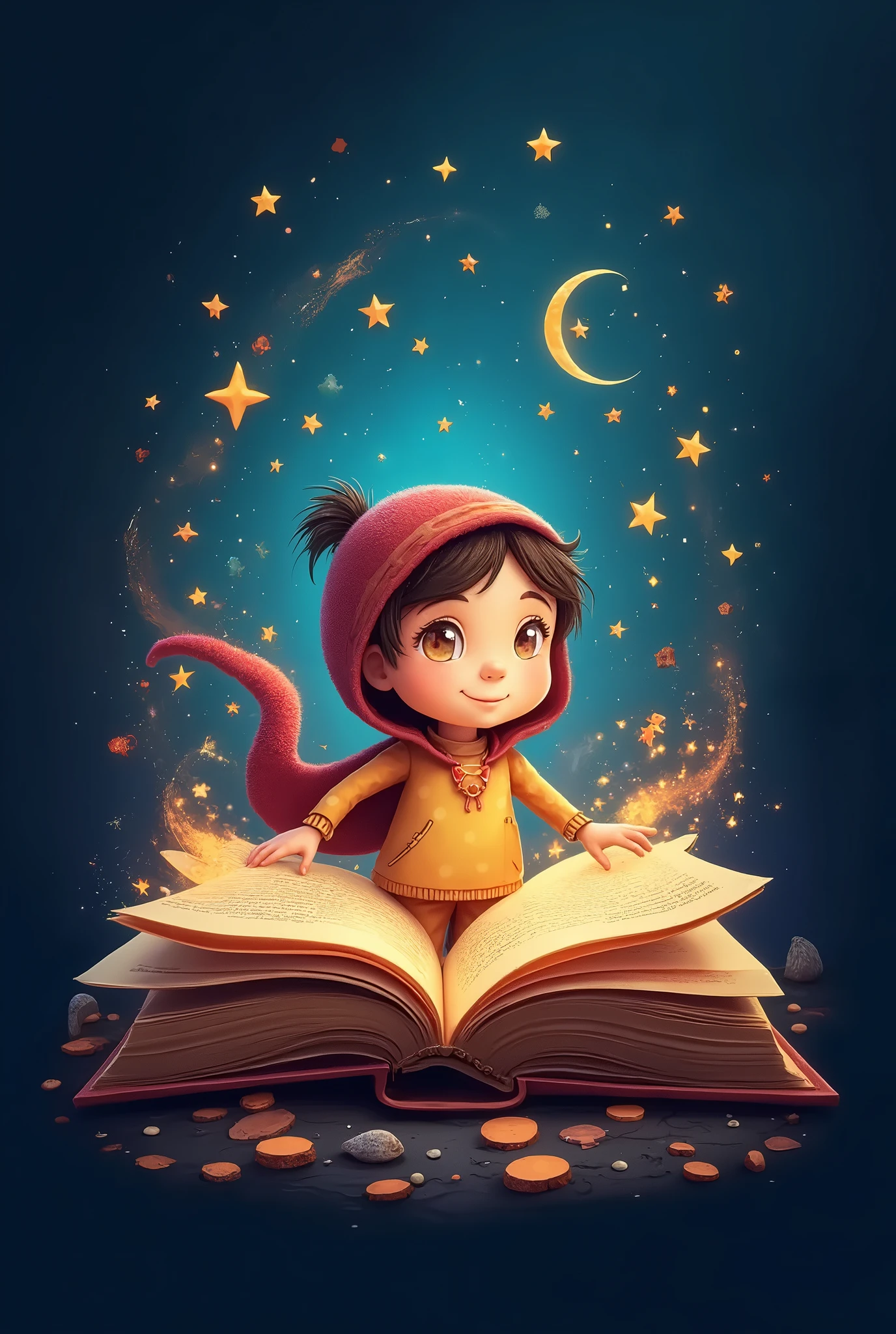 The logo is a charming and vibrant pictorial representation that captures the essence of imagination and fun. In the center, there is an open book with pages that seem to fly, like wings, in a graceful motion. The pages are filled with colorful illustrations of adorable characters and elements of nature, which reflect the magical world of children's stories. Above the book, a small halo composed of bright stars creates a glow effect, conveying the feeling of enchantment and fascination. To the left of the book, an illustration of a smiling child, wearing a goblin hat, stares in wonder at the open book, representing the infectious joy of immersing himself in captivating stories.