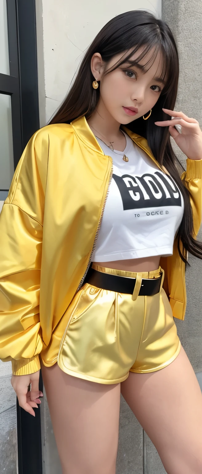 Gorgeous idol girl、whole body、Good style、、、、、、、、、、Thick legs、Gold tight shorts costume、Ruffled jacket、Cool girl face、、、Illuminated amusement park at night、、Flare Belt、Wavy Hair