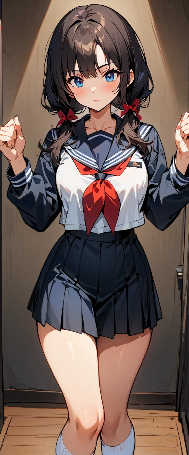 ( highest quality , 4k,  masterpiece :1.3), beautiful woman, 1 girl, he saw, (chest, attractive body :1.2), COWBOY SHOT, Actually, YEAH.:1.1, dark black hair: 1.1, sailor suit,  super detailed face ,  Lip details , beautiful eyes, Double eyelid, pigtails, full body, white thigh-high socks, black shoes, pose sexy
