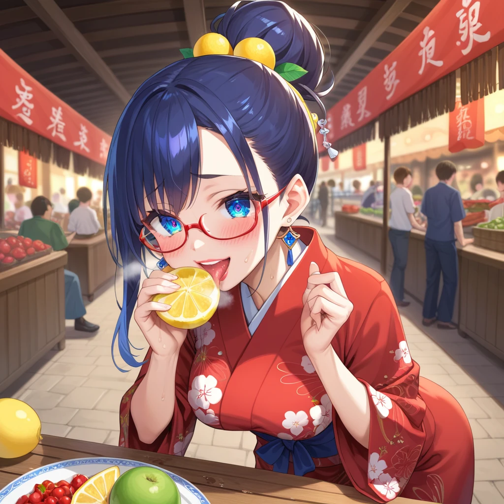 Anime cap, pro shot, top angle, perfect body, leaning forward, gaze, mature woman, (red yukata with lemon pattern: 1.5), (eating one grapefruit: 1.5), (festival stall: 1.5), (blue sapphire eyes, very complex and precise eyes, large round droopy eyes, eye highlights, long thin eyelashes: 1.4), (swaying, shiny, dark blue hair, blue inner color hair, half up bun hair, fruit hairpiece: 1.4), (Japanese idol face, (realistic: 0.5), very happy face, open mouth, white teeth, (red lips: 1. 2) (red glasses: 1.2), (blushing: 1.3), (ecstasy: 1.2), (lewd: 1.2), (vulgar: 1.3), (fucking idiot: 1.1), (steam: 1.1), (wet: 0.8), (shaking: 0.7), (tears: 0.6), (drool: 0.5), (sweat: 0.7), (steam: 0. 8), average bust size, (small earrings), depth of field, cinematic light, score _9 score_8_up, score _7_up, score_6_up, score_5_up, score_4_up, describe only what you want, tag1, tag2, evaluation-safe