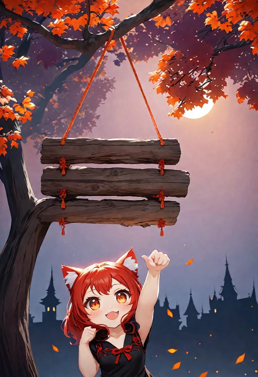 cat girl, chibi, Dressed in a black dress, back of the bat wing, клыки a vampireа, blood on the face, black hair, red eyes, a vampire, reaches for the sign, which hangs on the ebony tree, tree without leaves, tree is curved, tree with eyes, Halloween, Rendering, Anime background art, winner of the pixiv competition, Anime girl with cat ears cute!! chibi!!! cat girl, милый anime cat girl, with index finger, Nekomimi, anime cat girl!, cat girl, chemonomics, run, furry фураффинность, masterpiece, top quality, Best quality, official art, Beautiful and aesthetically pleasing:1.2), 2D, (Best quality, masterpiece), anime, (very detailed face), (very detailed eyes), Black background, Starlight Night, castle in the background, moon in the background, Ideal lighting, (very detailed black dress), (very white skin)