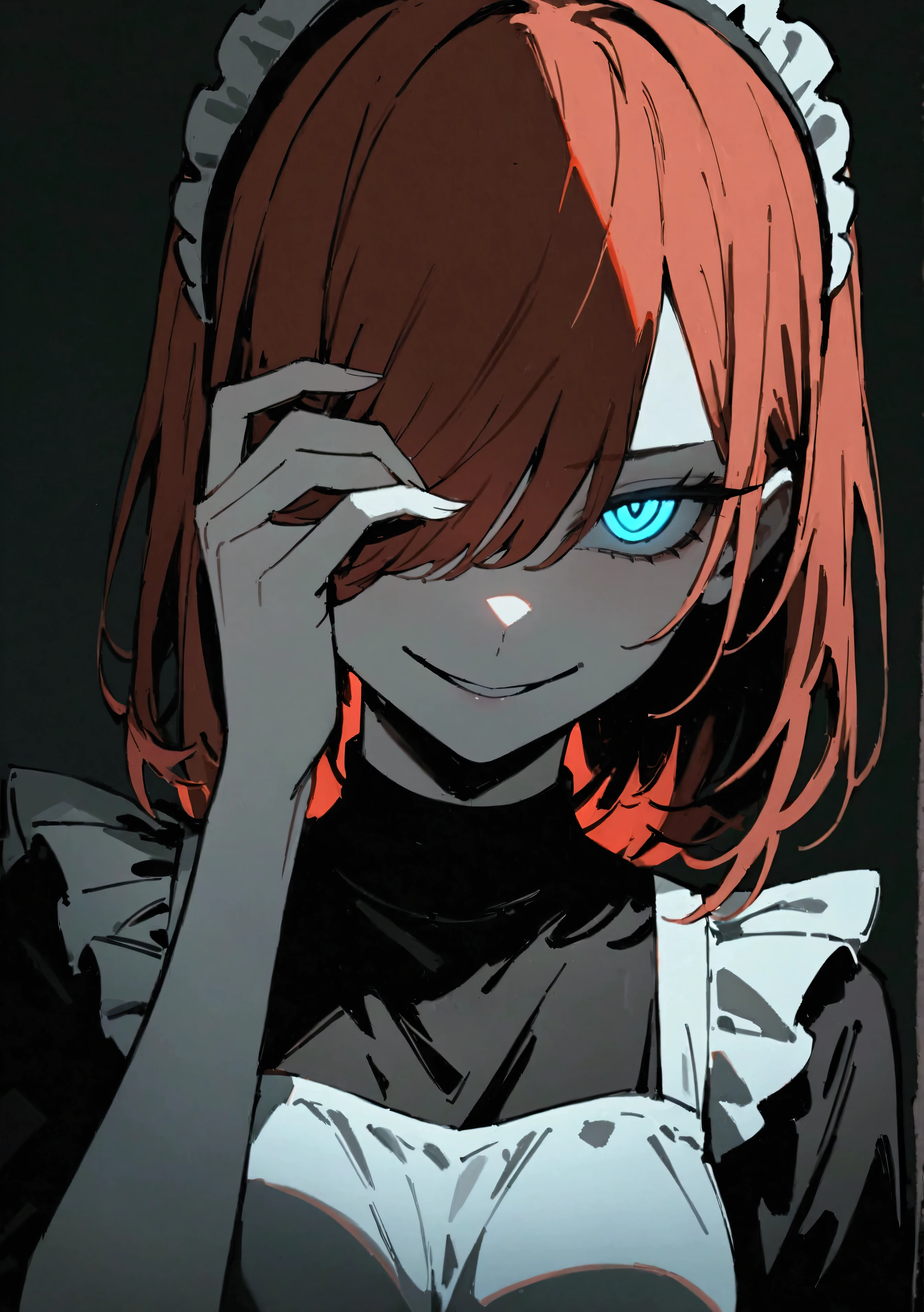 ( masterpiece:1.2,  The best quality ), 1 woman, Upper body, MaID maid clothing  , casual,  medium breasts , Red hair covering one eye, Minimalist makeup,pale,natural fabrics,  Close-up of the face , evil smile,  glowing phosphorescent eyes circular pupils,8k high resolution, detailed lines, (( Upper body)) ,