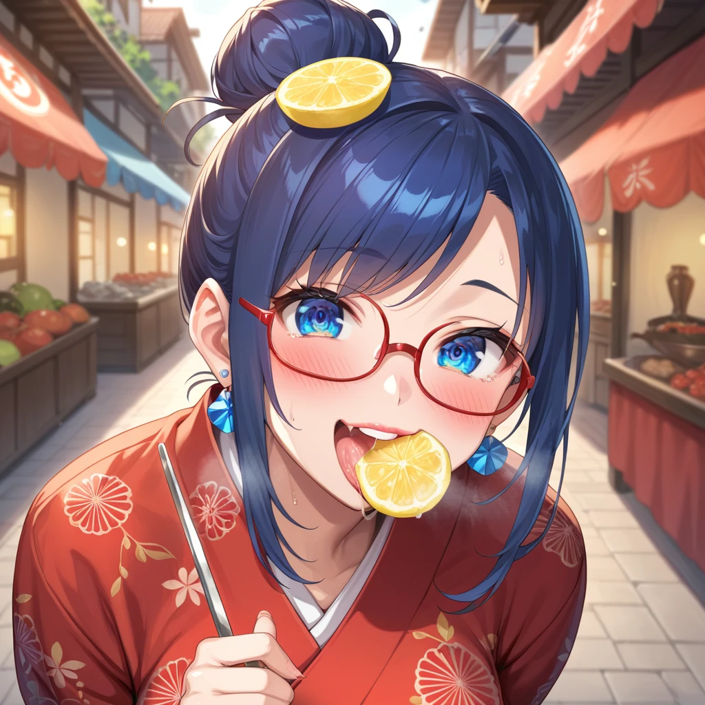 Anime cap, pro shot, top angle, perfect body, leaning forward, gaze, mature woman, (red yukata with lemon pattern: 1.5), (eating one grapefruit: 1.5), (festival stall: 1.5), (blue sapphire eyes, very complex and precise eyes, large round droopy eyes, eye highlights, long thin eyelashes: 1.4), (swaying, shiny, dark blue hair, blue inner color hair, half up bun hair, fruit hairpiece: 1.4), (Japanese idol face, (realistic: 0.5), very happy face, open mouth, white teeth, (red lips: 1. 2) (red glasses: 1.2), (blushing: 1.3), (ecstasy: 1.2), (lewd: 1.2), (vulgar: 1.3), (fucking idiot: 1.1), (steam: 1.1), (wet: 0.8), (shaking: 0.7), (tears: 0.6), (drool: 0.5), (sweat: 0.7), (steam: 0. 8), average bust size, (small earrings), depth of field, cinematic light, score _9 score_8_up, score _7_up, score_6_up, score_5_up, score_4_up, describe only what you want, tag1, tag2, evaluation-safe