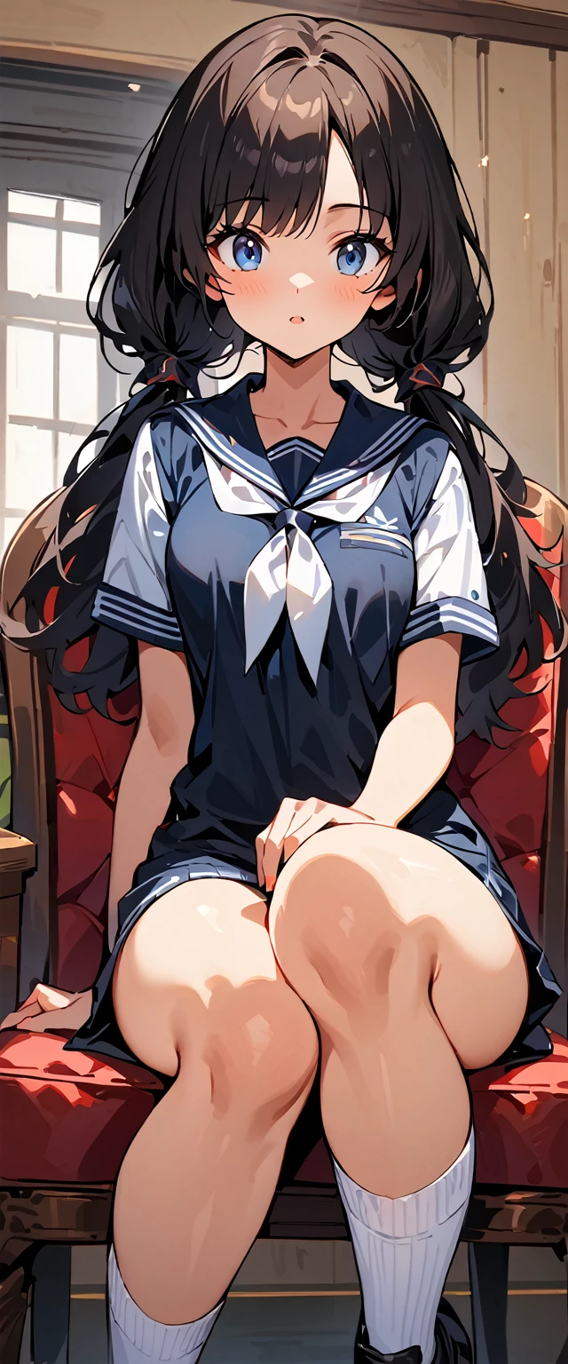 ( highest quality , 4k,  masterpiece :1.3), beautiful woman, 1 girl, he saw, (chest, attractive body :1.2), COWBOY SHOT, Actually, YEAH.:1.1, dark black hair: 1.1, sailor suit,  super detailed face ,  Lip details , beautiful eyes, Double eyelid, pigtails, full body, white thigh-high socks, black shoes, chair, sitting, sexy open legs
