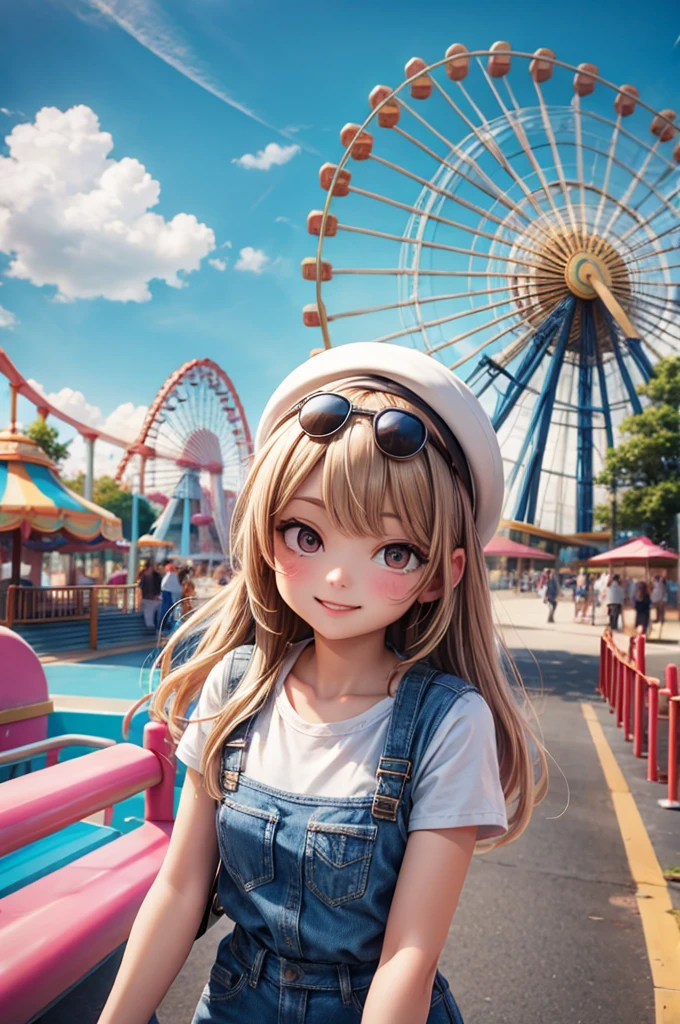 Little girl seen from the front smiling next to the carousel of the amusement park, Pixar style, 3D style, Disney style, 8k, cute