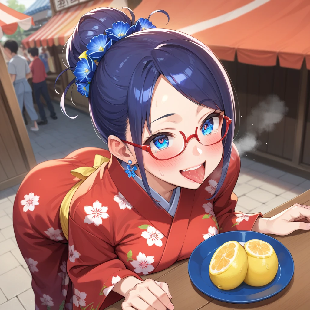 Anime cap, pro shot, top angle, perfect body, leaning forward, gaze, mature woman, (red yukata with lemon pattern: 1.5), (eating one grapefruit: 1.5), (festival stall: 1.5), (blue sapphire eyes, very complex and precise eyes, large round droopy eyes, eye highlights, long thin eyelashes: 1.4), (swaying, shiny, dark blue hair, blue inner color hair, half up bun hair, fruit hairpiece: 1.4), (Japanese idol face, (realistic: 0.5), very happy face, open mouth, white teeth, (red lips: 1. 2) (red glasses: 1.2), (blushing: 1.3), (ecstasy: 1.2), (lewd: 1.2), (vulgar: 1.3), (fucking idiot: 1.1), (steam: 1.1), (wet: 0.8), (shaking: 0.7), (tears: 0.6), (drool: 0.5), (sweat: 0.7), (steam: 0. 8), average bust size, (small earrings), depth of field, cinematic light, score _9 score_8_up, score _7_up, score_6_up, score_5_up, score_4_up, describe only what you want, tag1, tag2, evaluation-safe