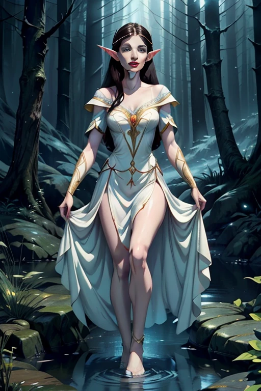 A beautiful detailed elf princess Snow White, disney animated style, pointed ears, flawless pale skin, long flowing dark hair, mesmerizing eyes, delicate facial features, elegant dress, graceful posture, fantasy forest background, magical lighting, vibrant colors, cinematic composition, intricate details, photorealistic, 8k, high resolution, masterpiece