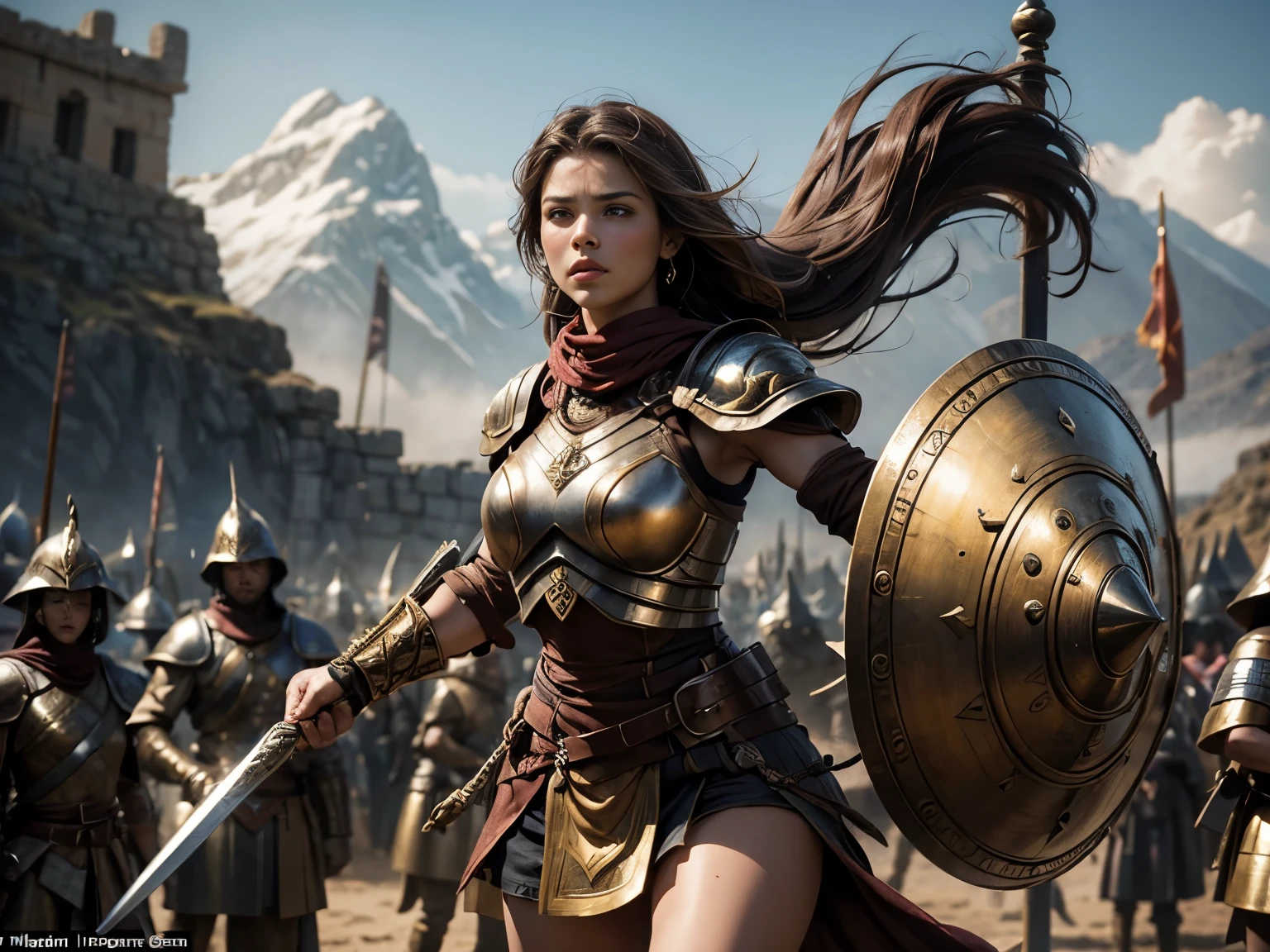 A triumphant scene inspired by the 2000 historical epic film Gladiator directed by Ridley Scott, full body shot, a fighting heroic female general::2 Standing victorious, sword held high in salute, with her battalion of soldiers cheering ecstatically, the battlefield in the background with remnants of the war, bright warm lighting illuminating the jubilant faces, captured by Canon EOS R5 with 35mm lens, f/ 2. 0, emotion of joy and relief,