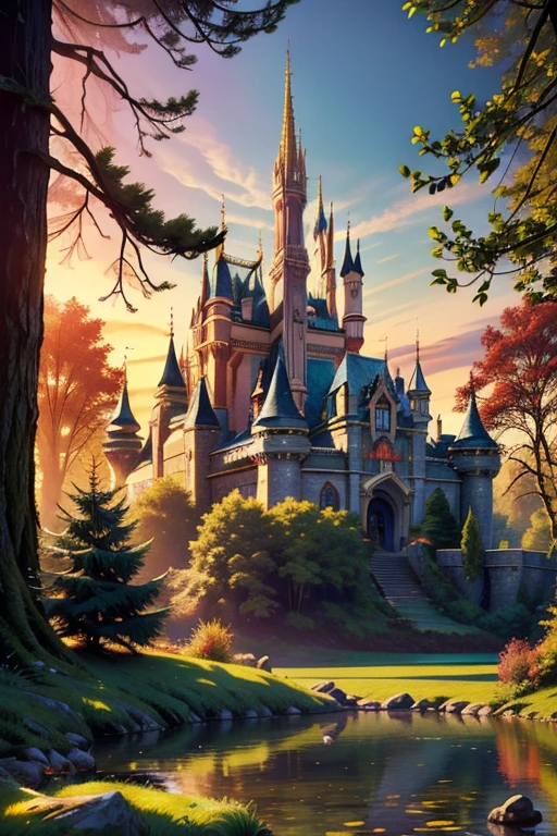 A beautiful, intricate palace, inspired by the iconic Snow White Disney animation, set amidst a lush, enchanted forest landscape, with ornate architecture, sweeping turrets, and delicate detailing, (best quality,4k,8k,highres,masterpiece:1.2),ultra-detailed,(realistic,photorealistic,photo-realistic:1.37),fantasy,disney,ornate architecture,intricate details,sweeping turrets,lush forest,enchanted,fairytale,warm lighting,vibrant colors,cinematic composition