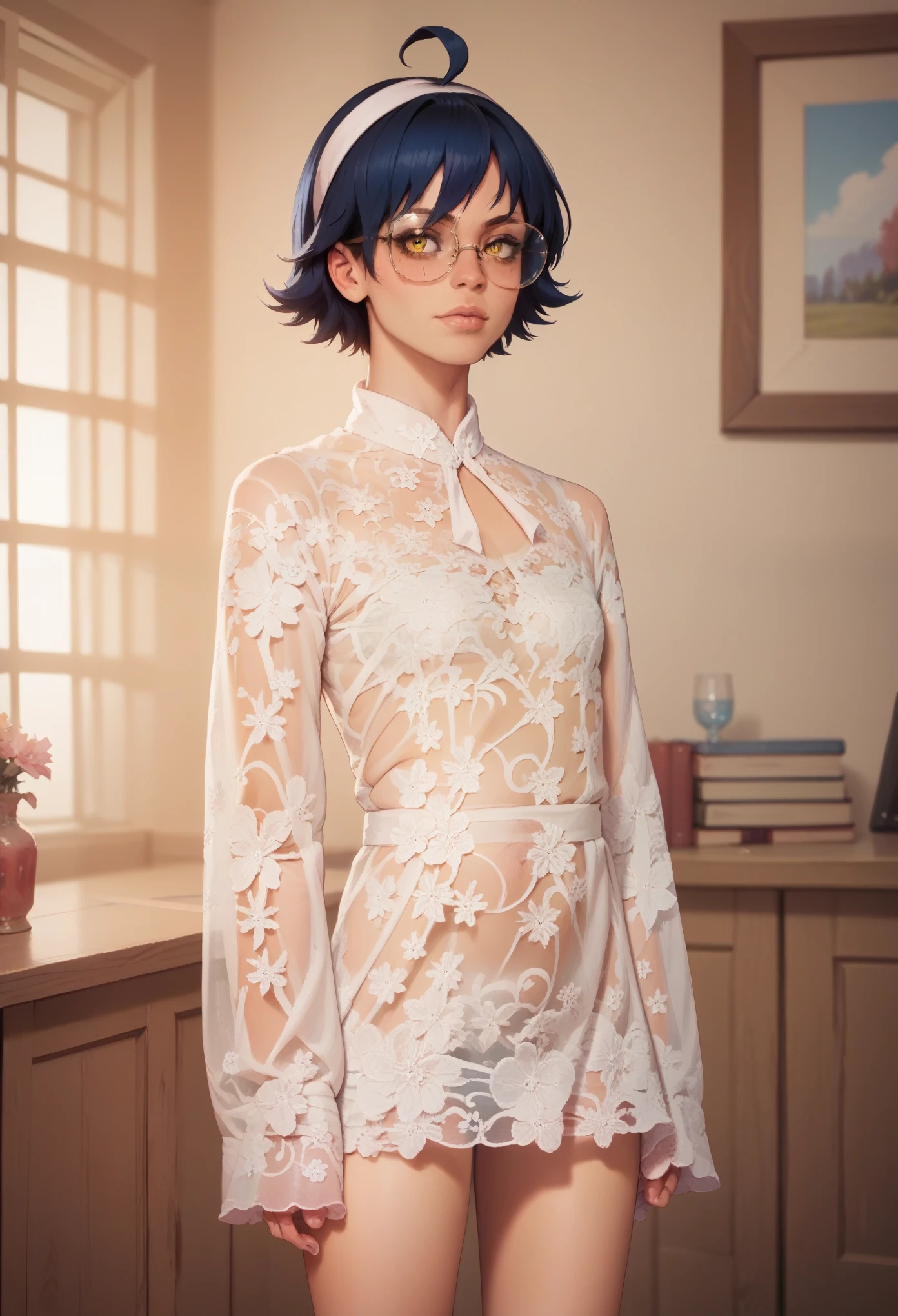 score_9, score_8_up, score_7_up, score_6_up, 8k, high detailed picture, realistic style, masterpiece, very young girl, no panty, perfect absolutely small breasts, disheveled hair, mz, ahoge, short hair, blue hair, yellow eyes, glasses, big brightness eyes, 16k, masterpiece, realistic style, perfect fingers, tomboy, flat chest, pixie cut, circle-glasses, hud_dk_mdress, see-through white loose fit lace mod dress, short dress, baggy clothes, long sleeves, white hairband