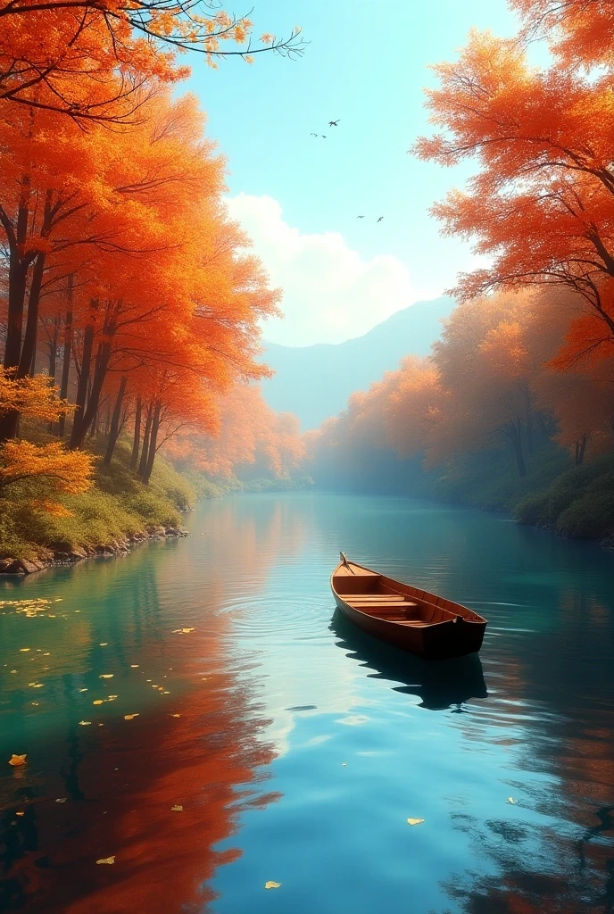 A serene autumn scene with vibrant red, orange, and yellow leaves falling from trees along a peaceful river. The water is calm, reflecting the colors of the leaves and the clear blue sky, while a small wooden rowboat floats nearby.
