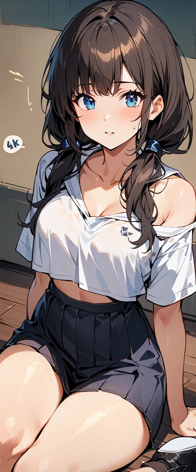 ( highest quality , 4k,  masterpiece :1.3), beautiful woman, 1 girl, he saw, (chest, attractive body :1.2), COWBOY SHOT, Actually, YEAH.:1.1, dark black hair: 1.1, sailor suit,  super detailed face ,  Lip details , beautiful eyes, Double eyelid, pigtails, full body,  black shoes, sitting on the floor , sexy open legs,
