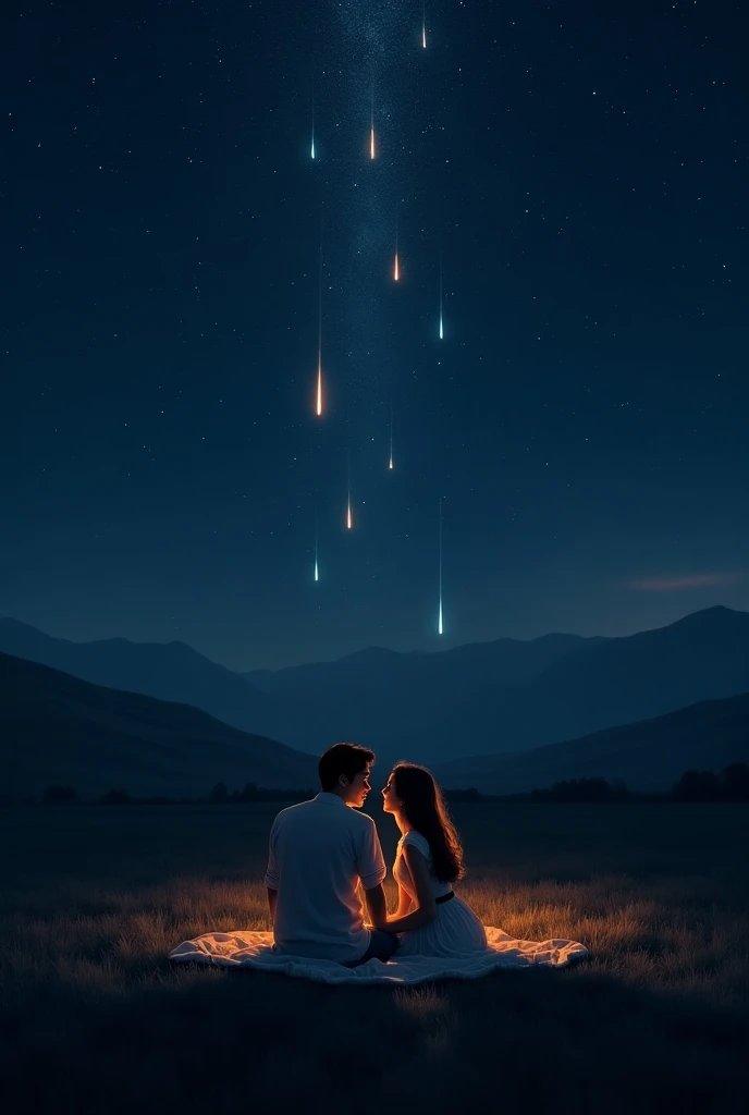 A romantic night scene of a couple sitting on a blanket in an open field, gazing up at a sky full of stars and a stunning meteor shower. The stars are bright, and the shooting stars streak across the sky, creating a magical and intimate moment.
