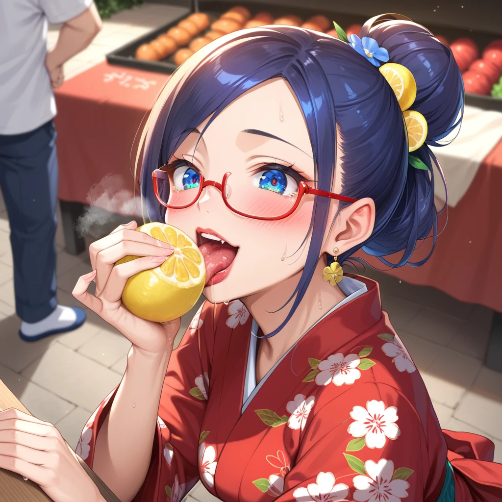 Anime cap, pro shot, top angle, perfect body, leaning forward, gaze, mature woman, (red yukata with lemon print: 1.5), (eating one grapefruit: 1.5), (festival stall: 1.5), (blue sapphire eyes, very complex and precise eyes, large round droopy eyes, eye highlights, long thin eyelashes: 1.4), (swaying, shiny, dark blue hair, blue inner color hair, half up bun hair, fruit hairpiece: 1.4), (Japanese idol face, (realistic: 0.5), very happy face, open mouth, white teeth, (red lips: 1. 2) (red glasses: 1.2), (blushing: 1.3), (ecstasy: 1.2), (lewd: 1.2), (vulgar: 1.3), (fucking idiot: 1.1), (steam: 1.1), (wet: 0.8), (shaking: 0.7), (tears: 0.6), (drool: 0.5), (sweat: 0.7), (steam: 0. 8), average bust size, (small earrings), depth of field, cinematic light, score _9 score_8_up, score _7_up, score_6_up, score_5_up, score_4_up, describe only what you want, tag1, tag2, evaluation-safe