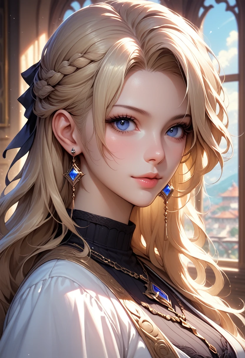 Anime girl with long blond hair and a necklace in front of a circular window, fantasy art style,  impressive anime face portrait , blonde anime girl with long hair, digital anime art, Portrait of Knights of the Zodiac girl , 2.  5 d CGI fantasy anime artwork , digital fantasy art ), fantasy style anime, ANIME STYLE. 8k, beautiful fantasy art portrait, detailed digital anime art
