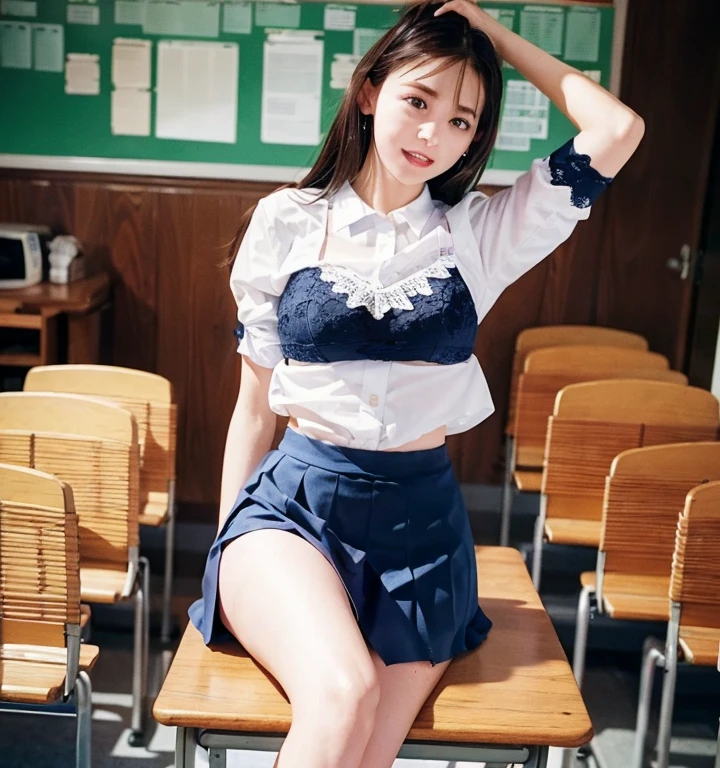 8k、Ultra-high resolution、Clear photo、Professional Lighting、Natural Light、slender、Slim and beautiful legs、White skin、Big Breasts、Beautiful ass、I am in a classroom at school、(Wear an elaborate uniform)、(She is wearing a navy blue pleated skirt.:1.1)、(Backwards:1.2)、Lean forward、(She was excited.、Showing off her white lace panties) ,( skirt)、 (Ultra Mini Skirt:1.2)、