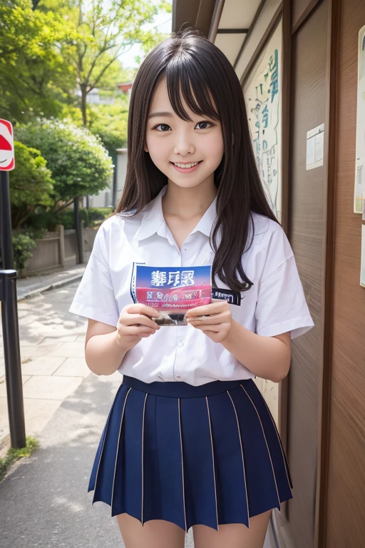 (Highest image quality、highest quality、highest resolution、masterpiece、detailed、real photos)、Beautiful and cute high school girl、looking at the camera、((light brown straight hair、Pink lip balm、smile))、((full body shot))、((Low - Angle))、(Quite small)、(Quite lean body)、((Public high school navy blue blazer uniform、Dark blue checked miniskirt:1.2))、((White open collar shirt、White lace bra and white lace panties:1.2))、((skirt lift))、((Showing the camera her white lace panties:1.2))、((Squat down and spread your legs wide:1.3))、((Khaki cardigan、white socks、black loafers))、((Take a selfie with your smartphone、black bag with stuffed animal))、((The location is downtown Tokyo at night.、After school, four of my friends are playing in a crowded game center.:1.2))、((I have a lot of friends behind me))
