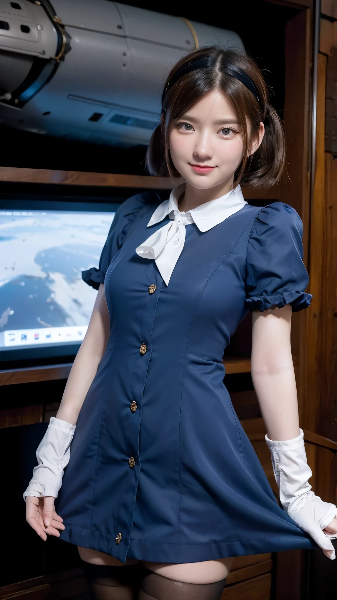 2d, masterpiece, best quality, anime, highly detailed face, highly detailed eyes, highly detailed background, perfect lighting, cowboy shot, 1girl, solo, aki rosenthal, collared dress, short dress, short sleeves, blue jacket, black thighhighs, detached hair, long hair, low twintails, bob cut, necktie, headgear, white gloves, elbow gloves, wide hips, smile, standing, spacecraft interior