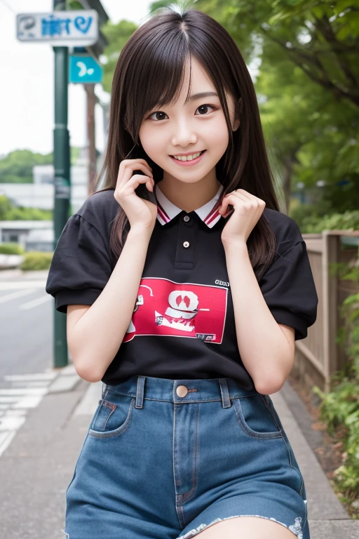 8K,masterpiece,Japanese,12-year-old girl,from the front,smile,cute,Innocent face,Innocent,Kind eyes,Childish,Plain T-shirt,Short sleeve,Blue checked short skirt,semi-long,Hair blowing in the wind,Black Hair,Somewhat strong wind,noon,bright,Sitting、M-shaped feet, (Large Breasts:1.2),(Emphasize the chest:1.2), (nsfw:1.1),Show your boobs