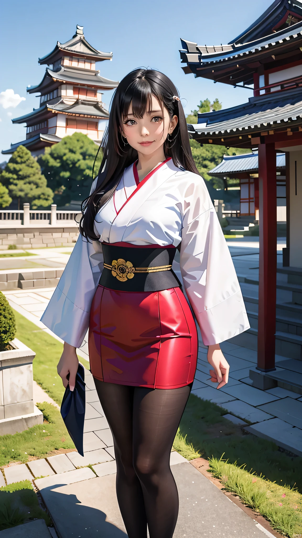 Japanese beauty, 20 years old，Slim and cute、The side of the chest is raised.、Eye slits、I can see from head to toe.，The chest is very large.、The background is a Japanese castle.、High quality photos、clear, Sharp lower body image、Masterpiece 8K、smile、Kunoichi&#39;Kimono、Holding a sword in the right hand、ready