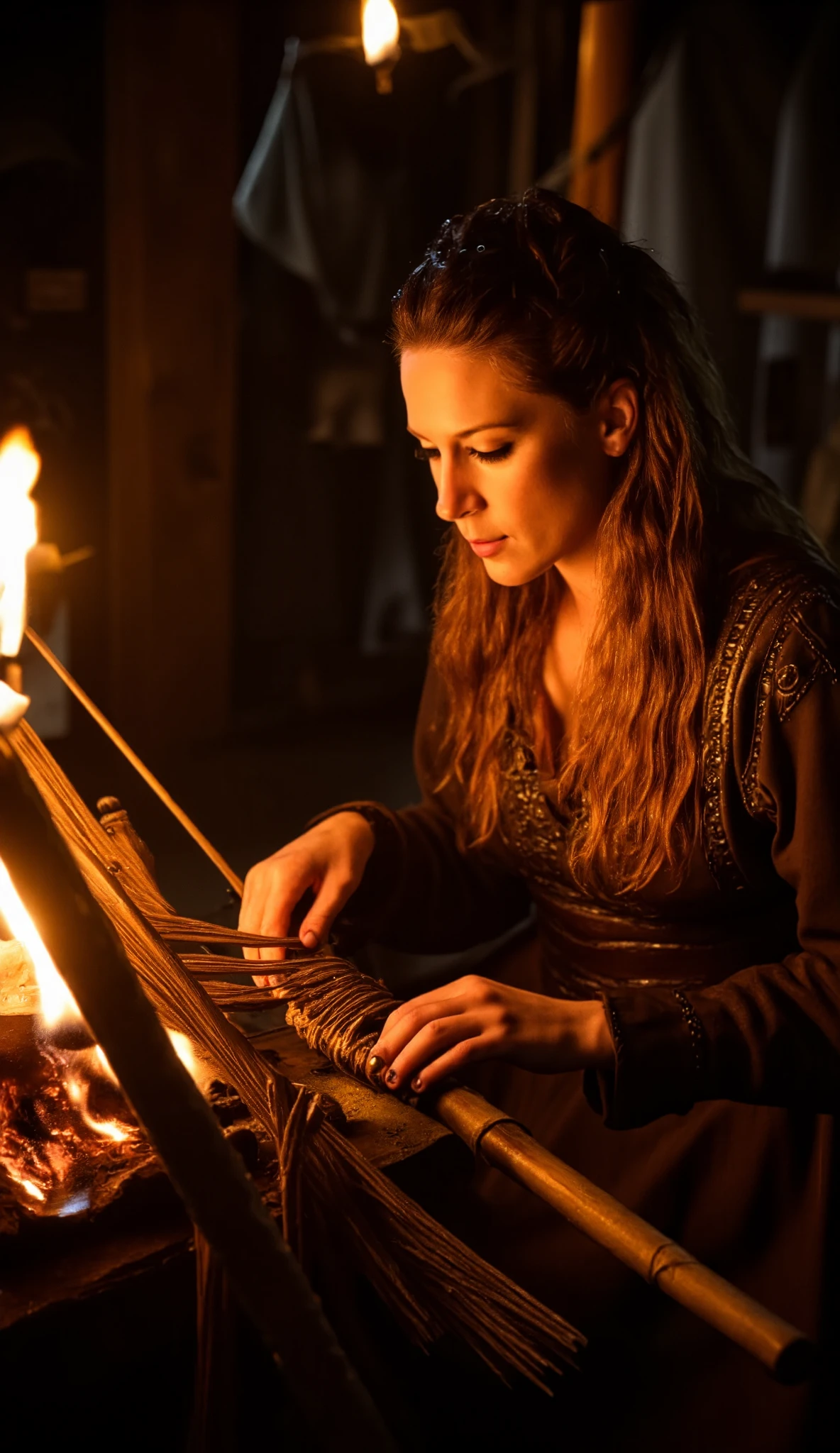 Cinematic film still An intimate scene inside a VIKING LONGHOUSE. A VIKING MOTHER is weaving by the FIRE, while her  filled with HANDICRAFTS, reflecting VIKING family life and the sense of COMMUNITY, shallow depth of field, vignette, highly detailed, high budget, bokeh, cinemascope, moody, epic, gorgeous, film grain, grainy