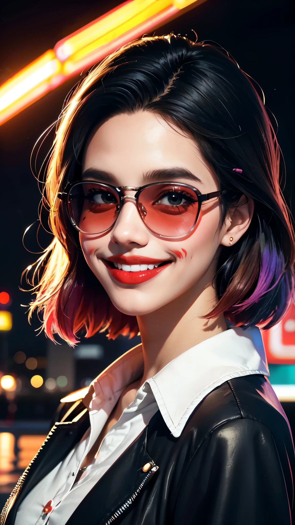 /joker in omib style, illustrator, masterpiece, high quality, 8k, high res, high detail, smiley, transparent sunglasses, cinematic overlay, vivid colors, cool soft lighting, chicago night, wind blowing, greg rutkowki style