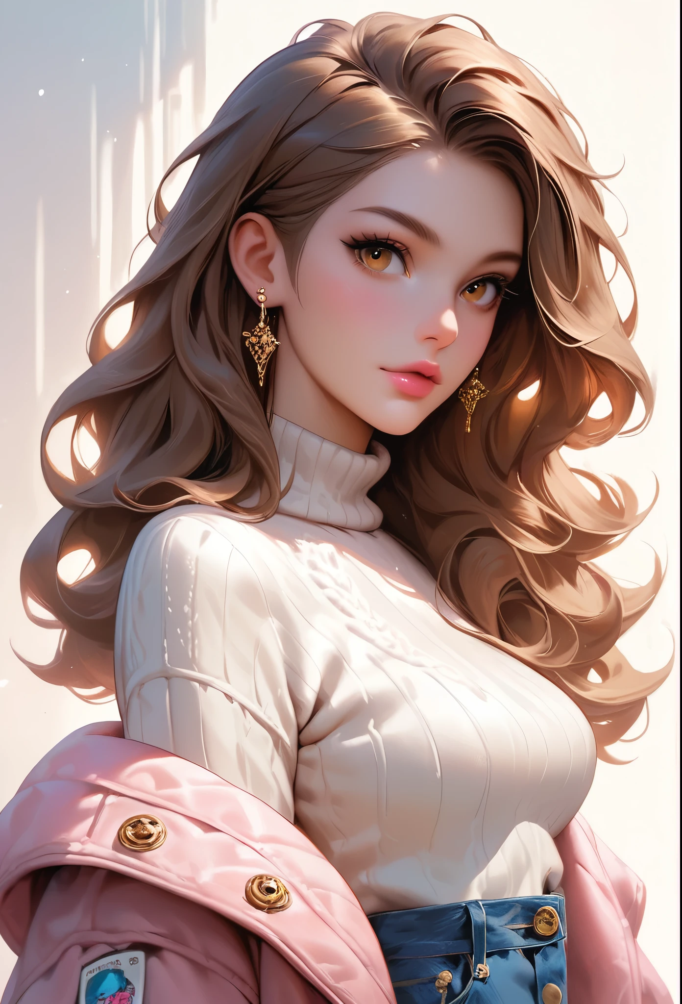 Girl, long straight straight brown hair, golden brown eyes, sharp features, white skin, pink lips, perfect, graceful, sweater, denim jacket