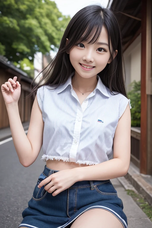 High quality masterpiece, 8k, , Japanese Girls, RAW Photos, Absurd, Winner portrait smile face, 笑face, Alone, uniform, Summer Clothes Idol&#39;face, violet, Gardenia, Delicate girl, Long black hair, Dark Eyes, Upper body digital SLR,   Observe the Audience, Frank, Sophisticated, Like々Shii, Thin arms,  Professional Lighting,  film grain,  Chromatic ablation, (Details of the eye and face: 1.0), (Bokeh button:1.1)