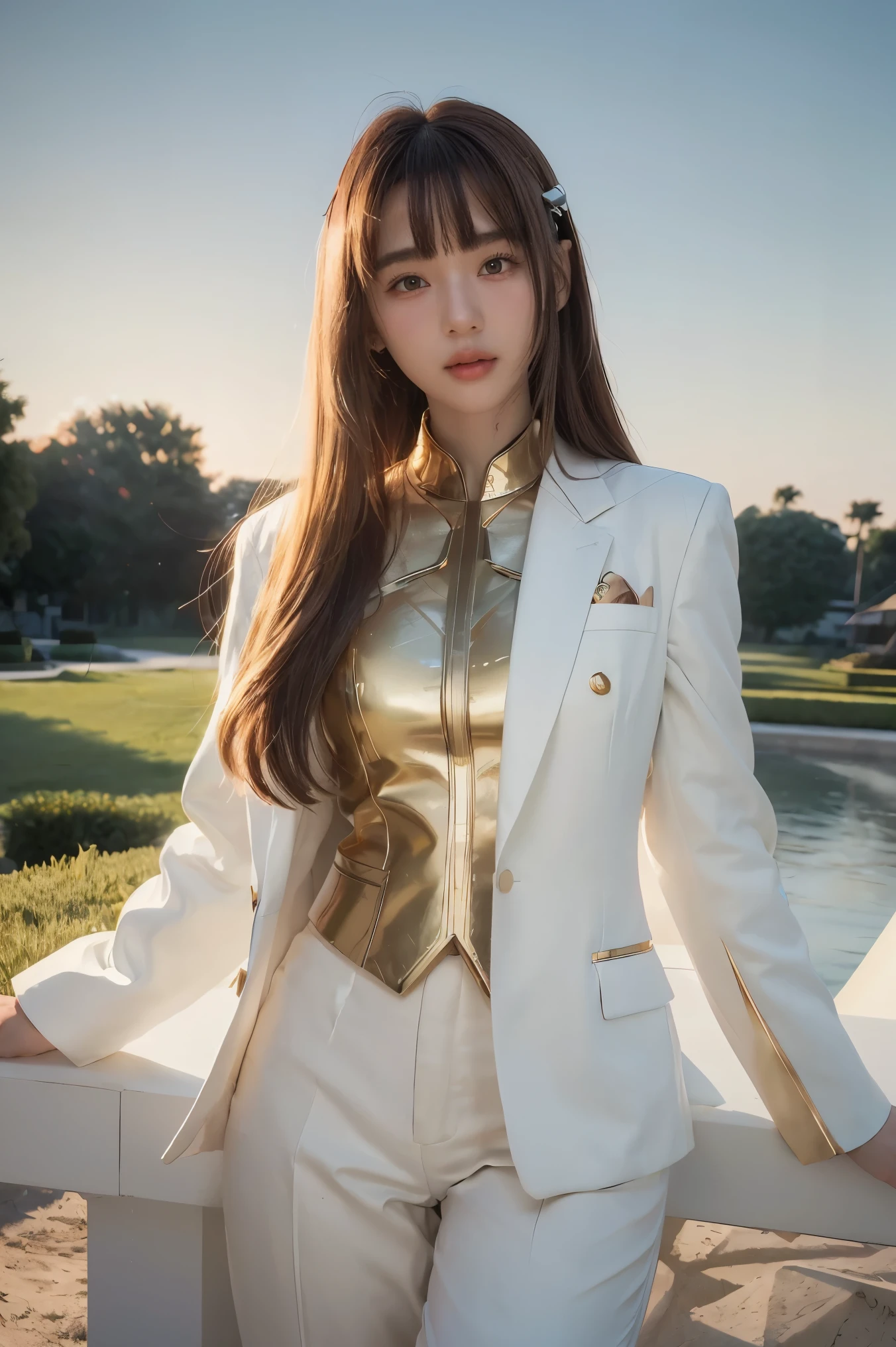 ((masterpiece, best quality, Extremely detailed), Volumetric Lighting, Ambient Occlusion, rich and colorful, Luminescence), 1 Girl, Solitary, Young Girls, (Chestnut bangs), Long hair, Halo, Halo, sacred, goddess, Priesthood, (White suit with gold details:1.3), armor, outdoor, Sunset, Sky, cloud, space, (Fantasy theme:1.2),