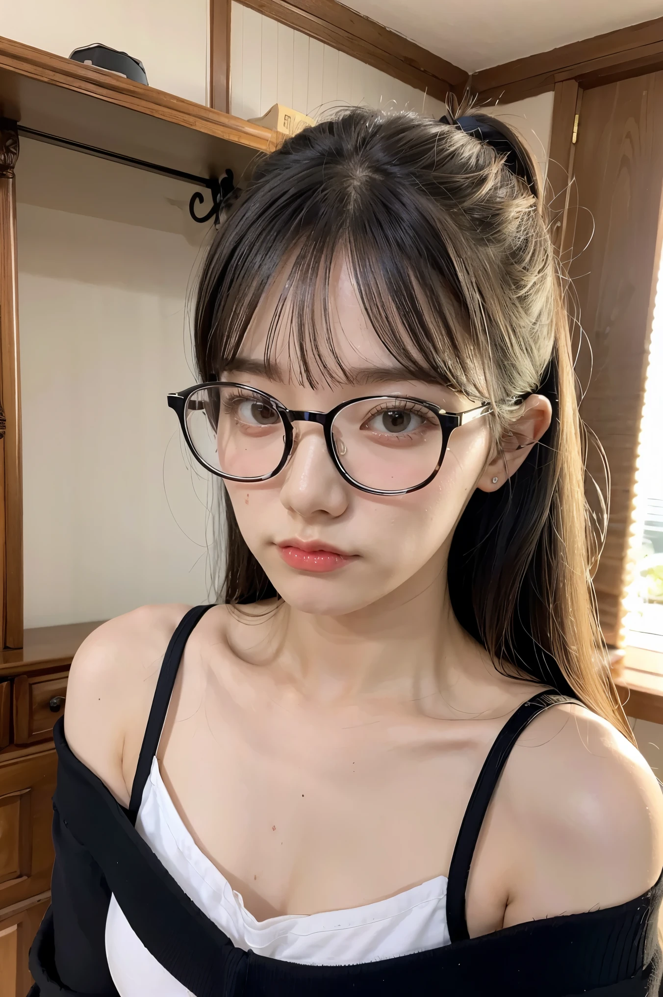 Student girl  Hairstyle Casual, F-cup breats wearing off shoulder collarbone with Square glasses with black edges  at house