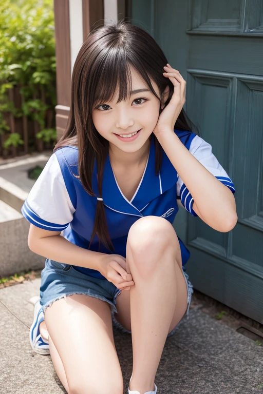 master piece, Best Quality,( Japan girl:1.5),(Looks like you're about to cry:1.3) ,(M-shaped legs spread on a park bench:1.8),(Summer clothes and hairpins for junior high  girls:1.8),eyes,(Small:1.7),(Smooth straight hair:1.5),(Slender body,Skinny Legs),A detailed eye,Very white skin,Letting down your bangs,Detailed body,Detailed hand,No makeup, Smile,
