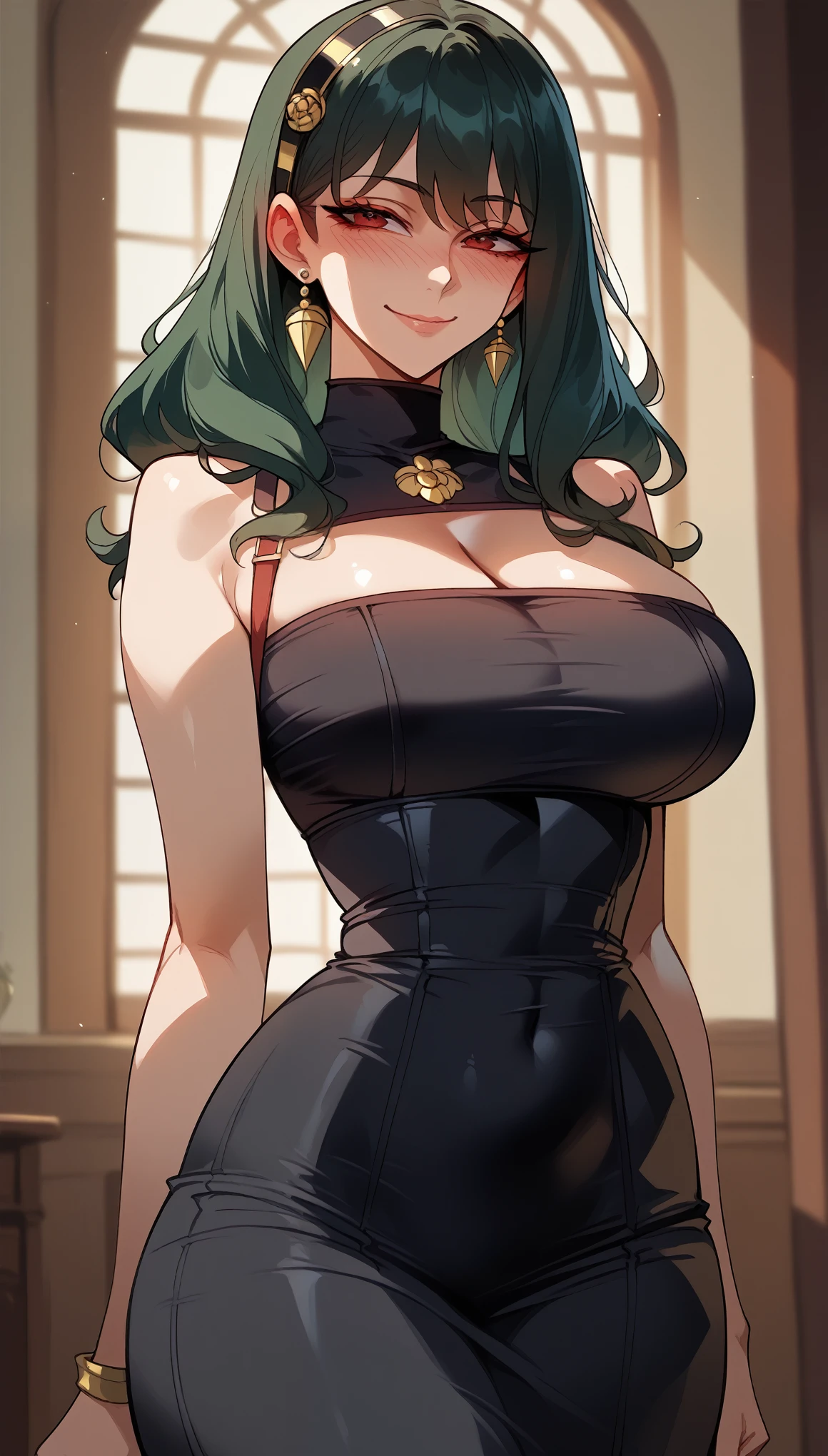 black hair、long and straight hair、Spy x Family、Yor Forger、mature woman、shiny hair、(big breasts),tight waist、thin waist、shiny skin、black dress、Beleza、erotic、smile、blushed,