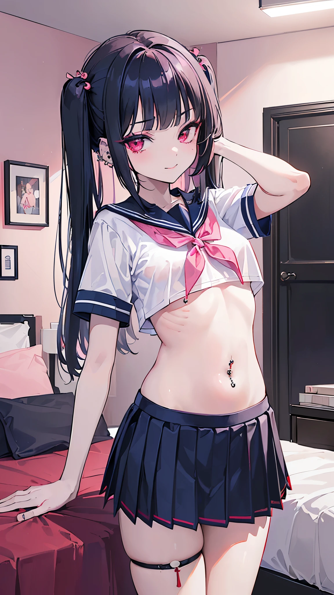 ((masterpiece、Best Quality、 very detailed))、One Girl、Black Hair、 Two Side Up 、blunt bangs、Red eyes、evil smile、((lots of piercing))、((Small breasts))、((school uniform))、((Short sleeve))、belly button、(( navy blue pleated skirt))、((micro miniskirt))、((panty strap))、 cowboy shot、((Dimly lit room))、((pink room))、Bedroom Background