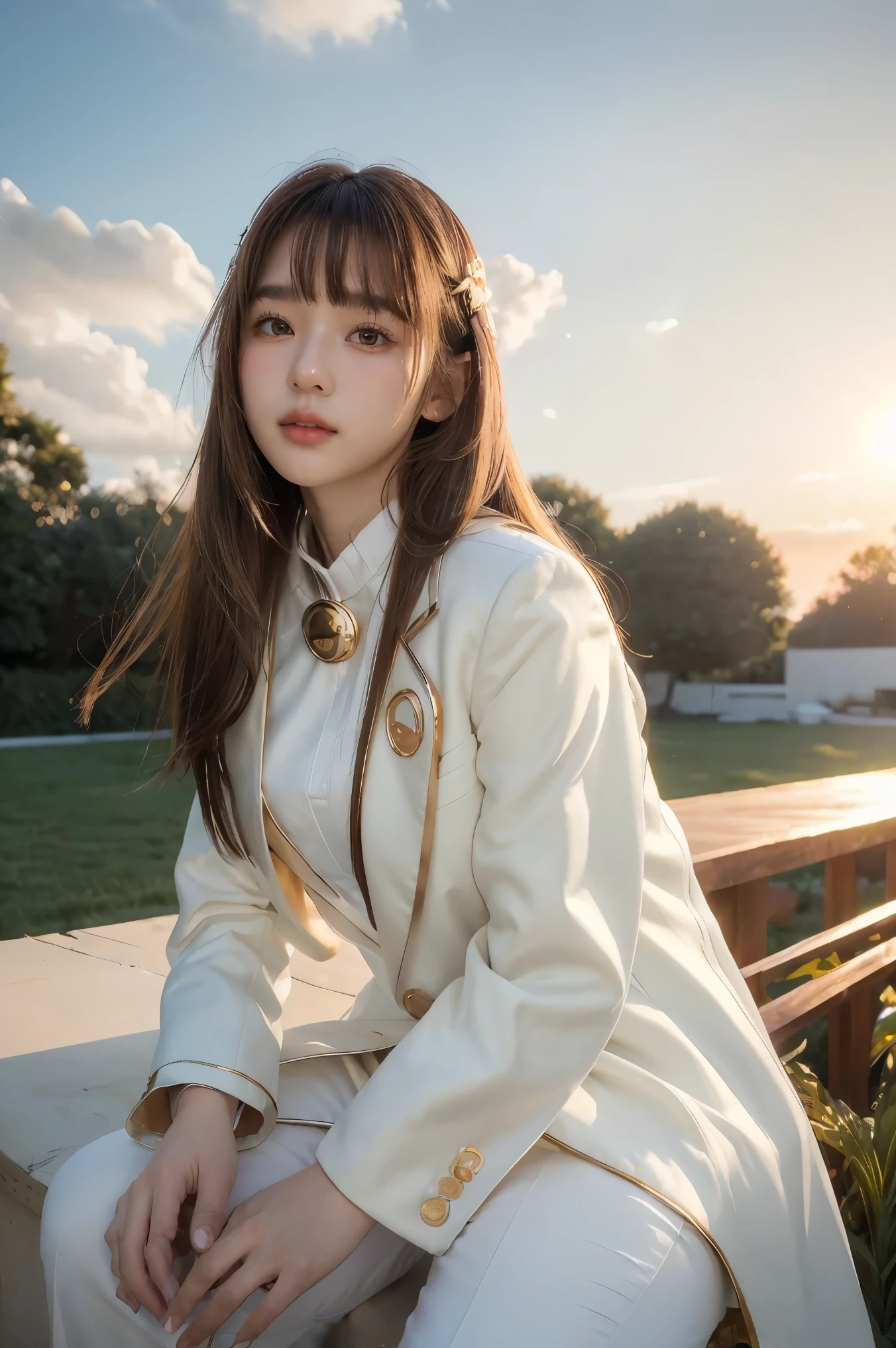 ((masterpiece, best quality, Extremely detailed), Volumetric Lighting, Ambient Occlusion, rich and colorful, Luminescence), 1 Girl, Solitary, Young Girls, (Chestnut bangs), Long hair, Halo, Halo, sacred, goddess, Priesthood, (White suit with gold details:1.3), armor, outdoor, Sunset, Sky, cloud, space, (Fantasy theme:1.2),