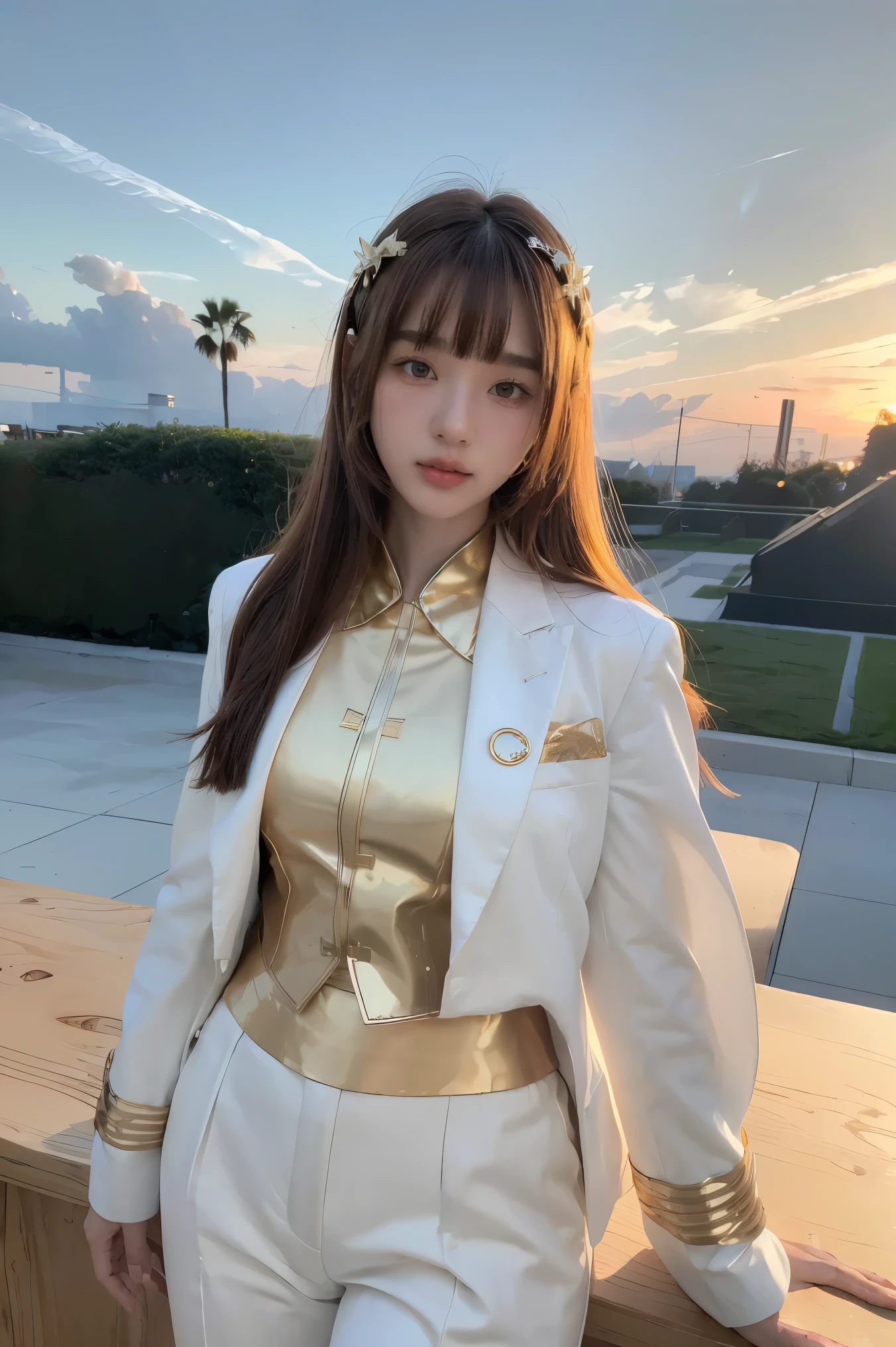 ((masterpiece, best quality, Extremely detailed), Volumetric Lighting, Ambient Occlusion, rich and colorful, Luminescence), 1 Girl, Solitary, Young Girls, (Chestnut bangs), Long hair, Halo, Halo, sacred, goddess, Priesthood, (White suit with gold details:1.3), armor, outdoor, Sunset, Sky, cloud, space, (Fantasy theme:1.2),