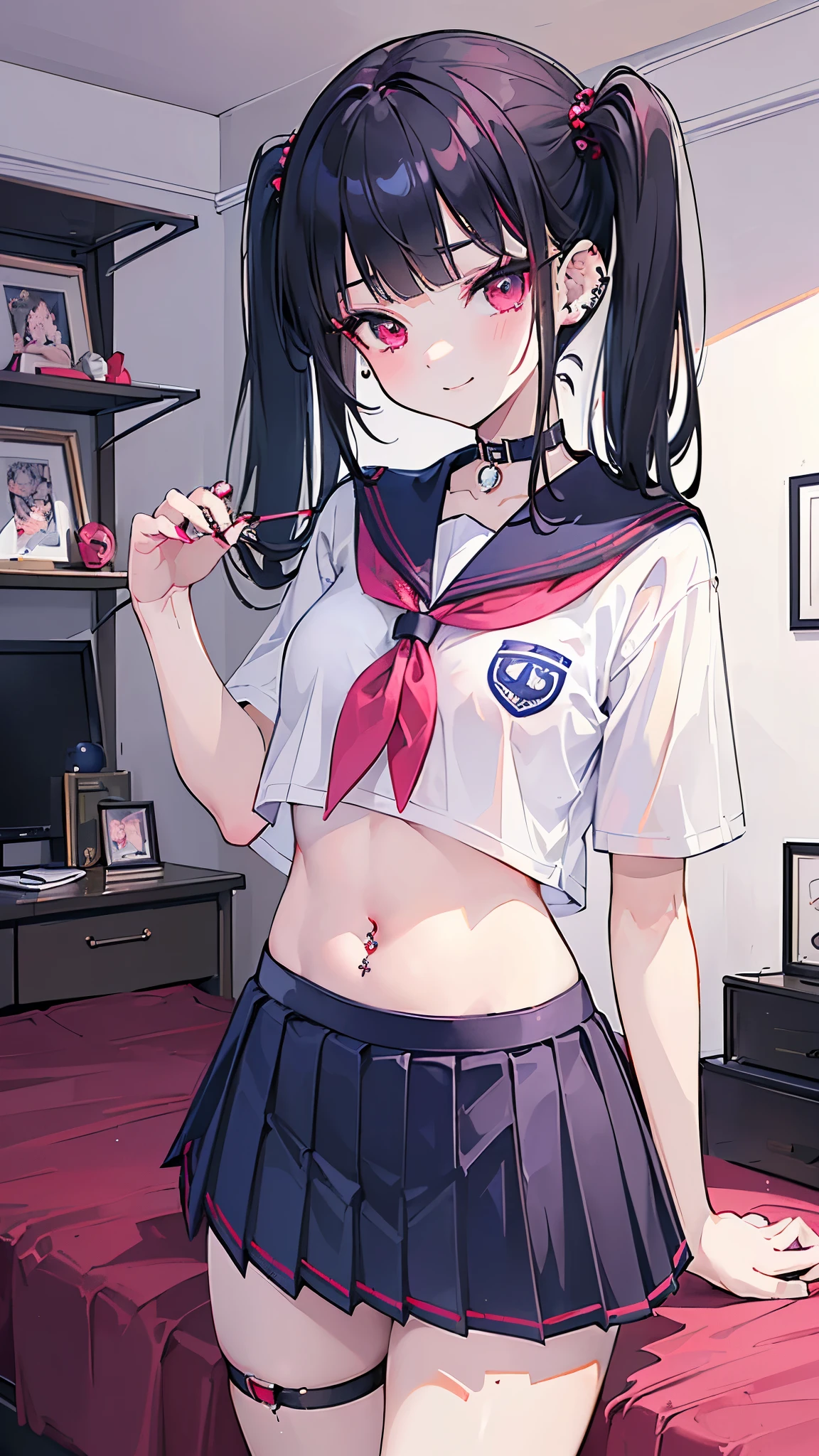 ((masterpiece、Best Quality、 very detailed))、One Girl、Black Hair、 Two Side Up 、blunt bangs、Red eyes、evil smile、((lots of piercing))、((Small breasts))、((school uniform))、((Short sleeve))、belly button、(( navy blue pleated skirt))、((micro miniskirt))、((panty strap))、 cowboy shot、((Dimly lit room))、((pink room))、Bedroom Background