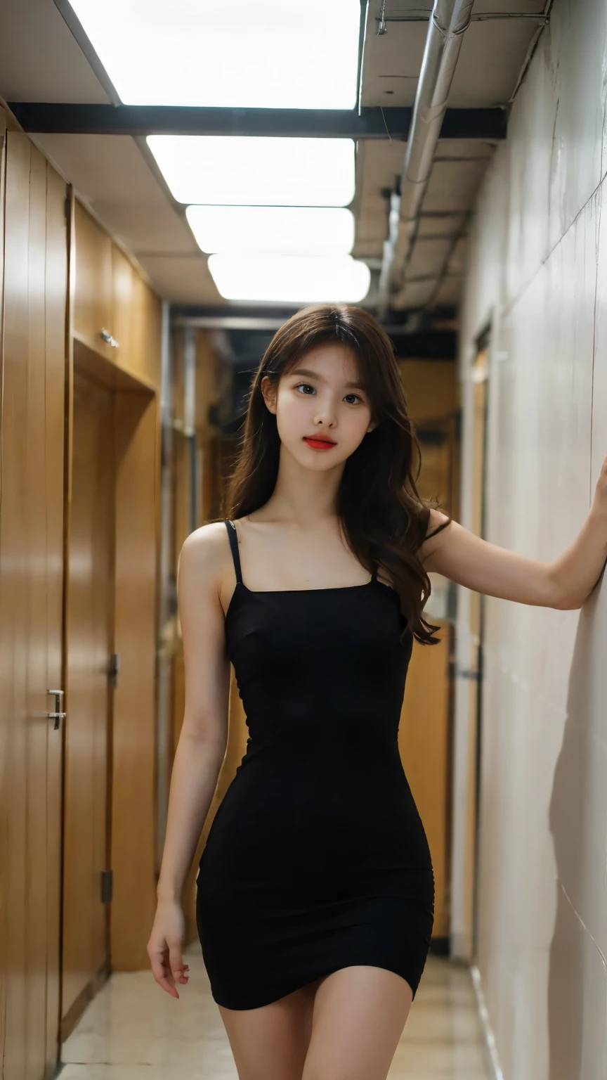 1 Girl,corridor,Soft Light,korean Beauty,Tight Fit,dress,Dark-haired wavy hair,