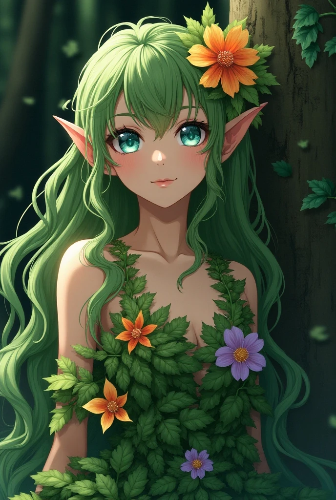 All intricate details: Exobiological: Human_Girl_Pantera Nayra

green skin, anatomia perfecta, open legs , vagina, the misty depths of the tropical jungle emerges the Nayra, a feline creature of incomparable beauty. Its slender body, perfectly adapted to navigating through dense foliage, Her fur green forest a mosaic of emerald greens and earthy browns, camouflages her perfectly among the lush vegetation, making her an invisible hunter.

head human and feline, symmetrical face, an agile and perfect girl body. Two pointed ears pick up the slightest sound, while his eyes, large and deep green like polished jade, shine with an intelligence that belies his wild nature. 
Its sharp fangs, visible even with its mouth closed, reveal its predatory nature.  A long tail helps it maintain balance and cling to branches as it moves through the jungle. random angle