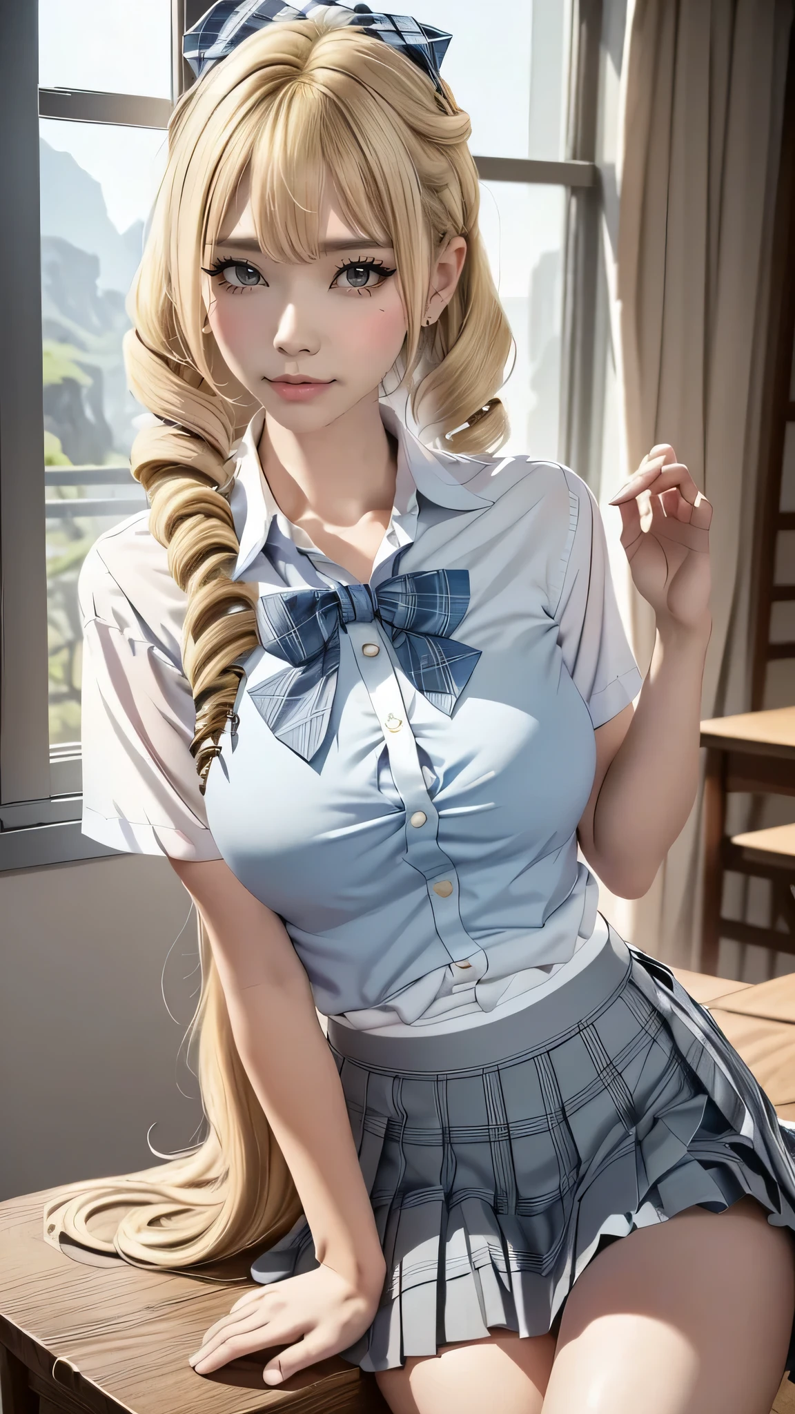 blonde woman with blue eyes、Very, very long hair intricately braided、Braid、ponytail、looking here、Medium chest、toned abdominal muscles、thin thin waist、Minimum skirt、see through nipples、high school student、smile、Absolute area、short navy blazer、white blouse、