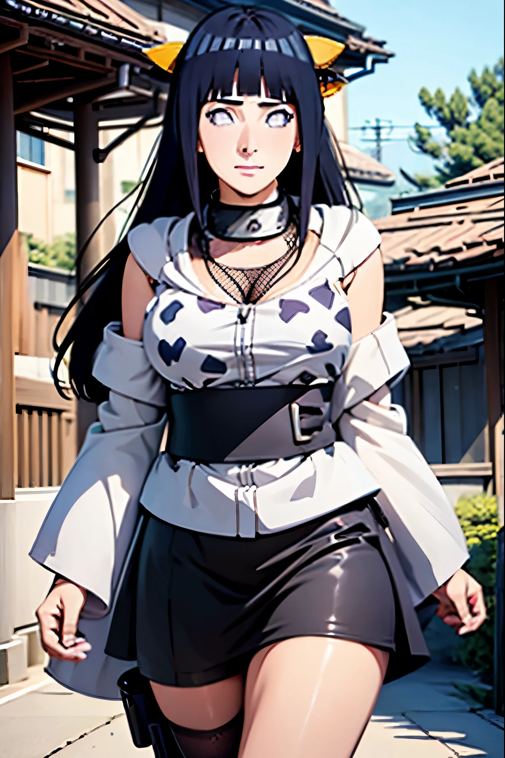 Imagine Hinata Hyuga from the "Naruto Shippuden" universe in a cow cosplay that highlights her beauty. The cosplay consists of a fitted top made from a soft, stretchy fabric, featuring a black and white cow print. The neckline is bold, accentuating her décolletage, while the straps are thin and adjustable, giving it a modern touch.

The bottom is a short skirt that moves lightly, with layers that mimic a cow's fur. The skirt is adorned with a belt that has a small bell hanging from it, adding a fun element.